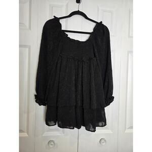 Altar'd State Black Flowy Layers Floral Embroidered Puff Sleeve XS Dress
